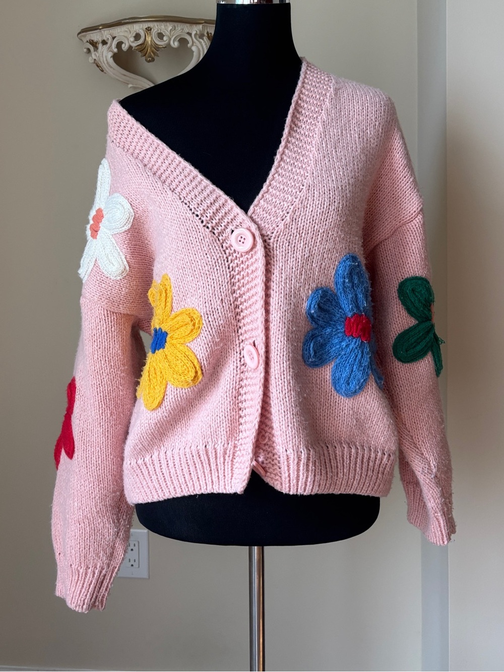 Pink Floral Appliqué Knit Cardigan Sweater